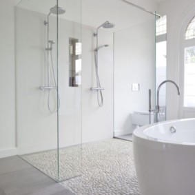 Glass partition in a white bathroom