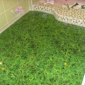 Fotoattēlu drukāšana zaļas zāles formā uz vannas istabas grīdas