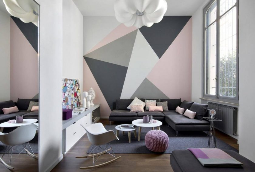 wallpaper in the living room with a geometric pattern
