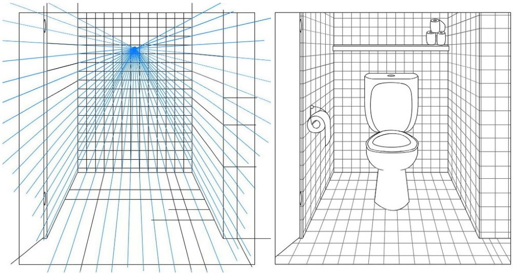Perspective sketch of a small toilet in an apartment