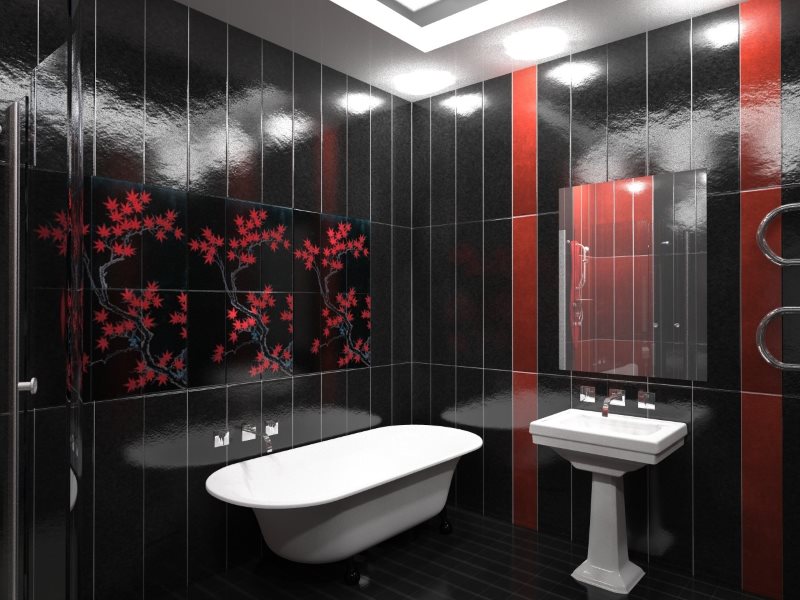 Black PVC panels in the bathroom with white fixtures
