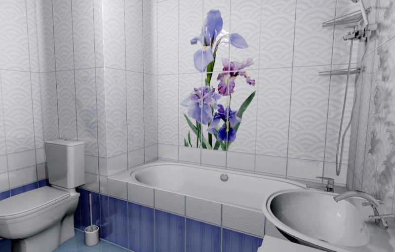 Lilac flowers on plastic panels in the bathroom