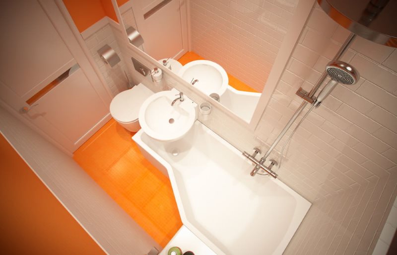 2 neliön kylpyhuoneen suunnittelu oranssilla lattialla