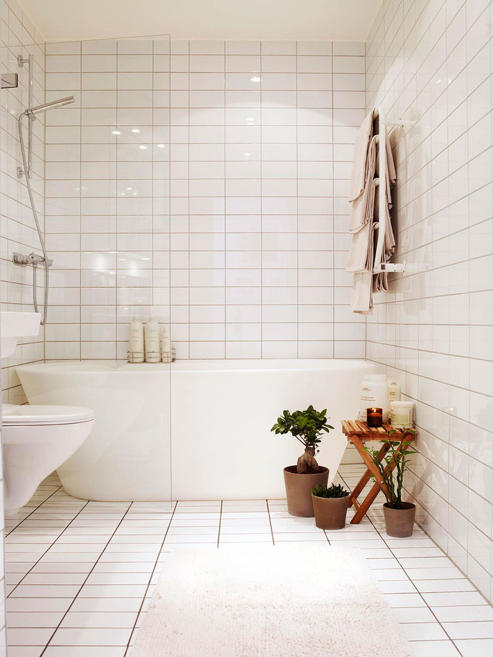 Balta flīze uz vannas istabas sienas ar istabas augiem interjerā