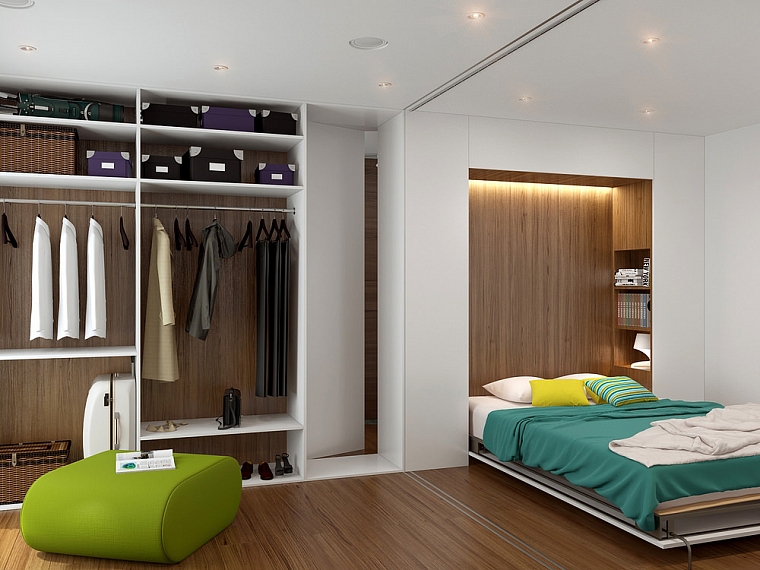 غرفة نوم وغرفة معيشة 18 متر مربع. مع صورة خزانة الملابس