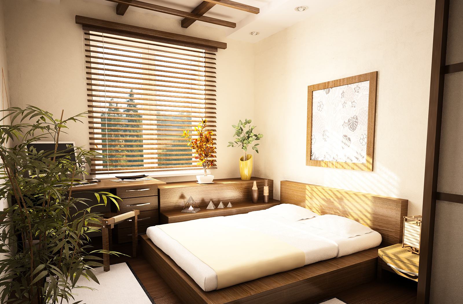 japāņu stila guļamistabas interjers