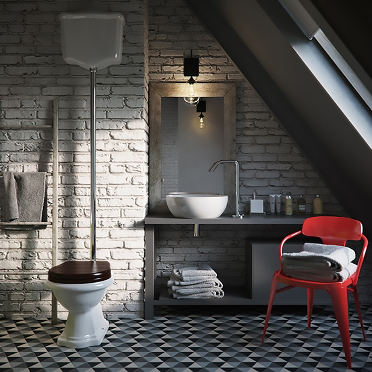 כסא אדום בשירותים אפורים בסגנון תעשייתי
