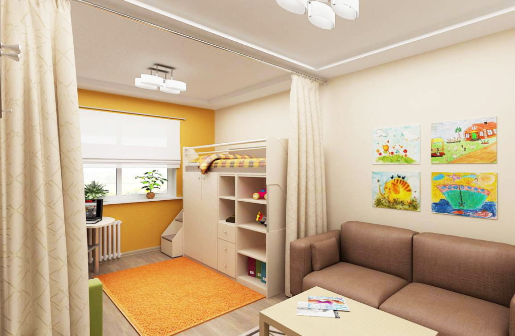 Curtain on the ceiling of a studio apartment for a family with a child