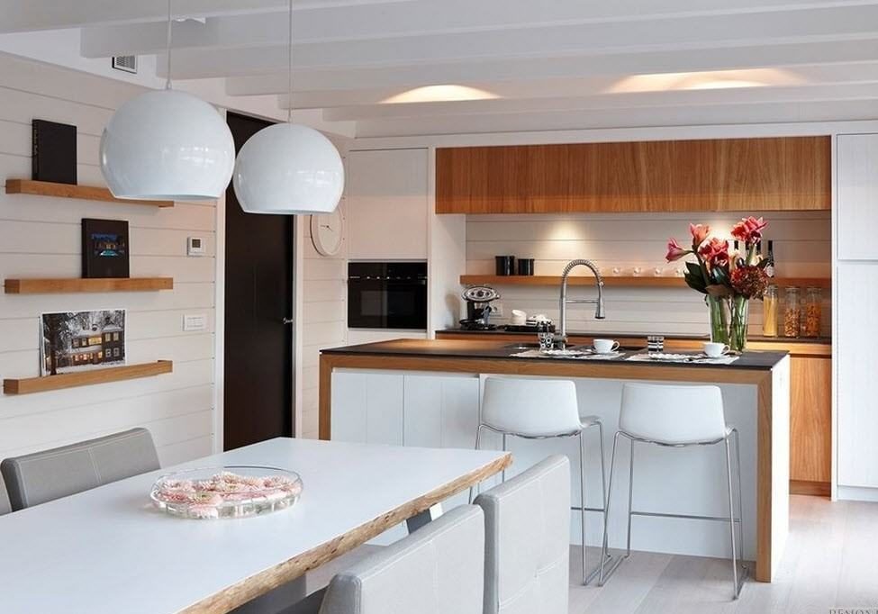 yemek odası mutfak tasarım beyaz renk ve ahşap