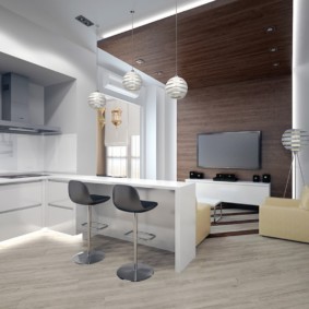 Studio apartment design with wood paneling