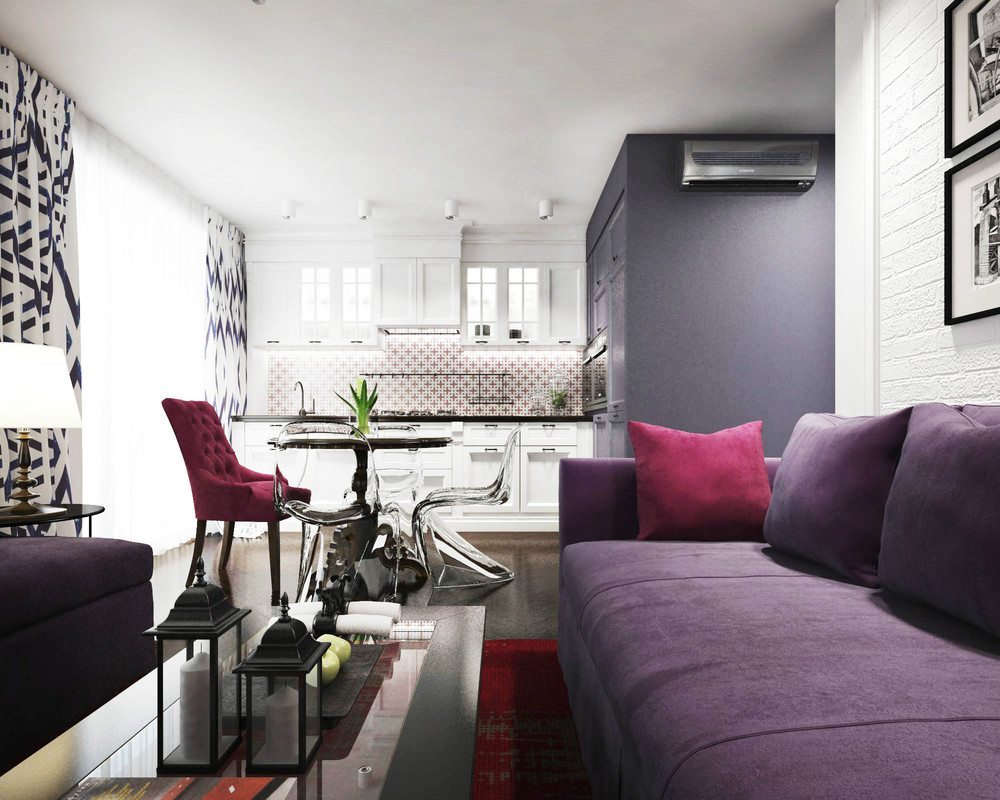 Purple sofa upholstery in a common room