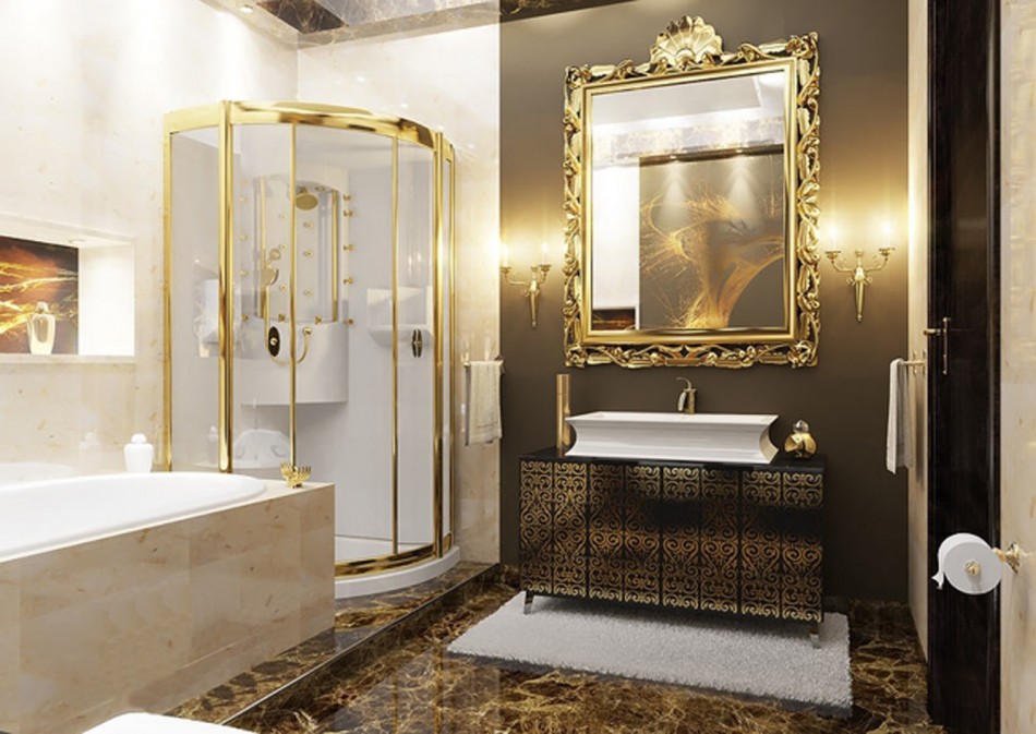 إطار مرآة مطلي بالذهب في الحمام