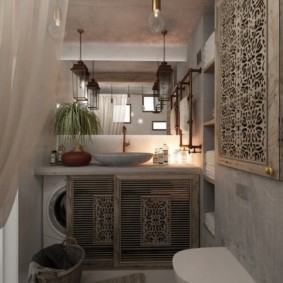 Placement caché d'une machine à laver dans une salle de bain de style oriental