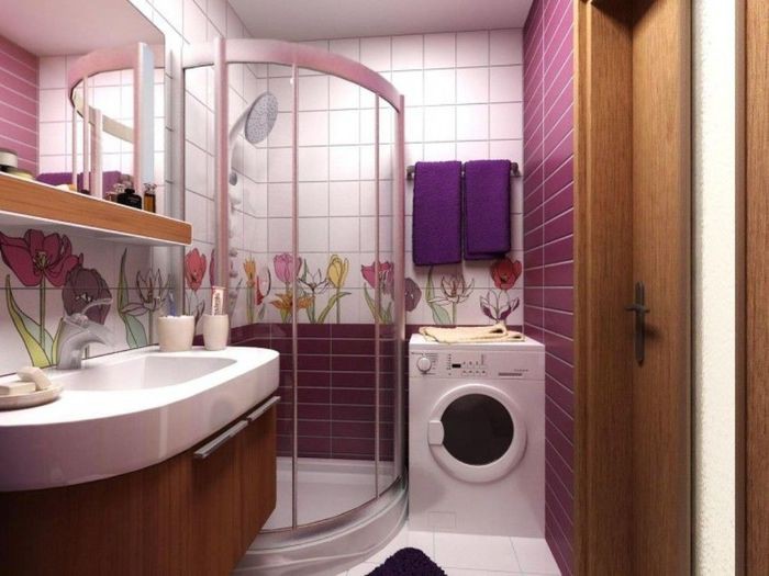 Máy giặt trong nội thất phòng tắm có vòi sen