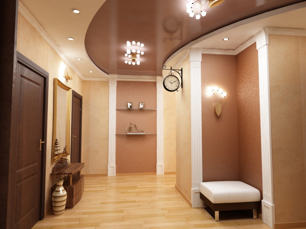 Brown stretch ceiling in a spacious corridor