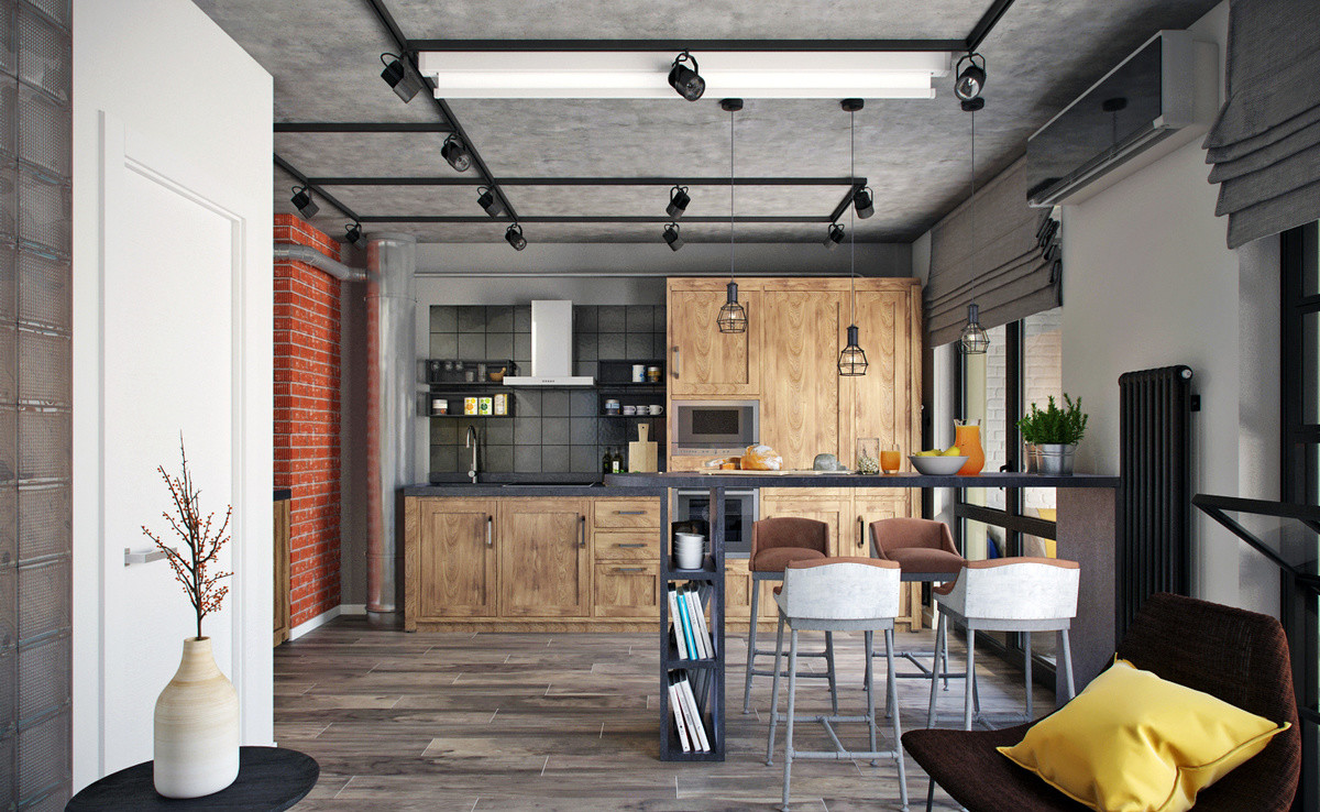 studio apartment in loft style photo design