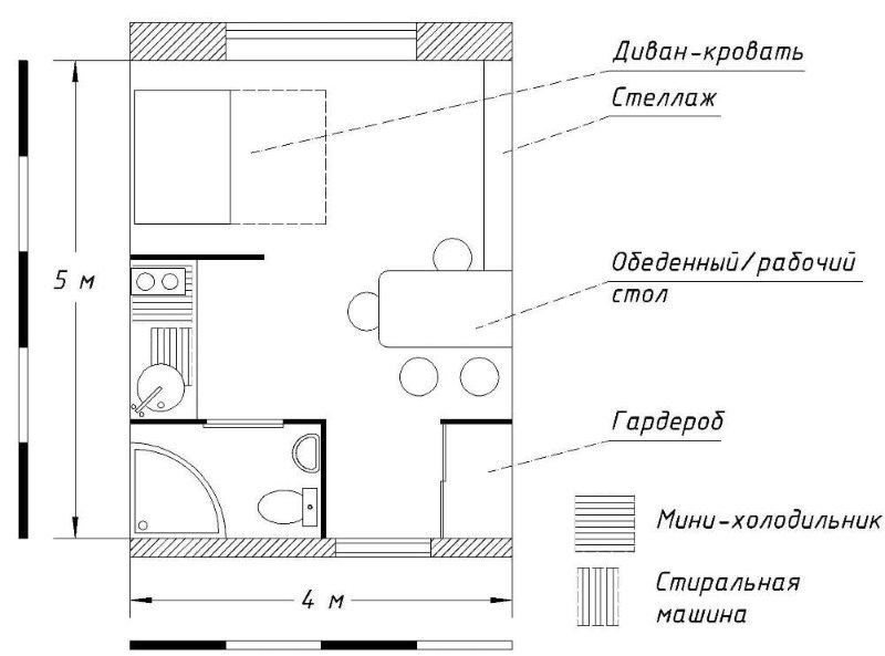 The plan of the studio apartment is 20 square meters