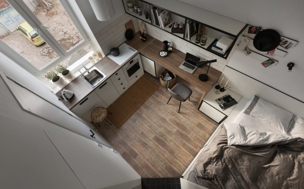 Apartament studio de design cu bucătărie și pat