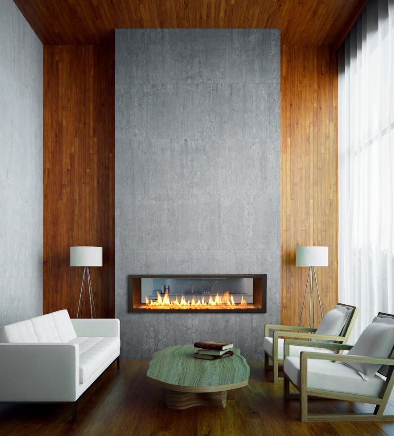 Lò sưởi màu xám trong một phòng khách nhỏ theo phong cách hiện đại