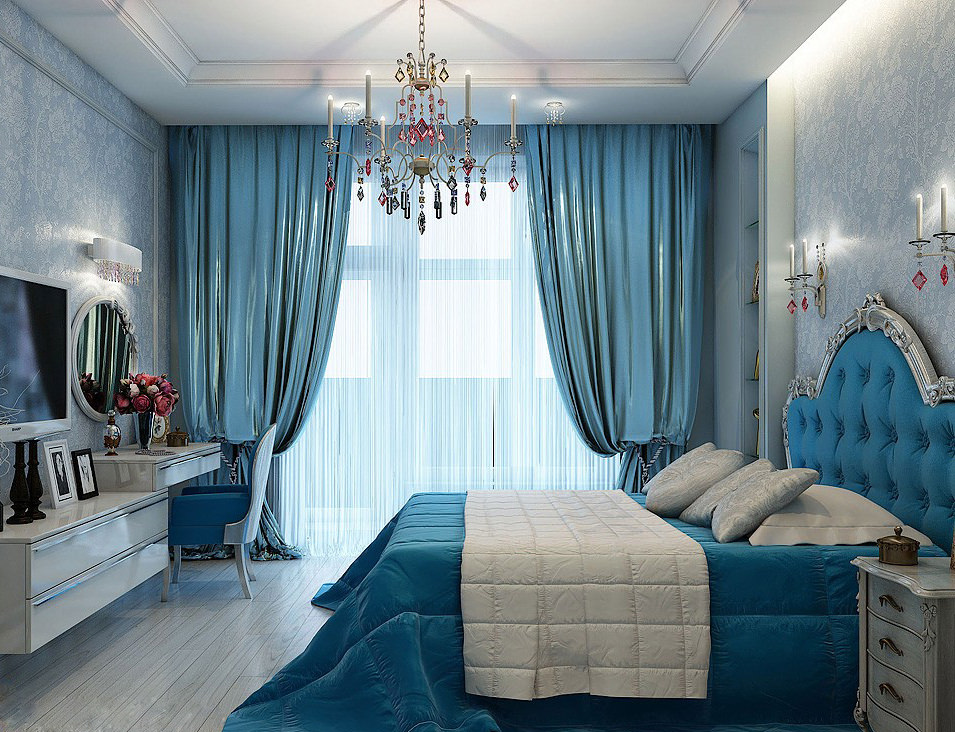 חדר שינה בתמונה בצבע כחול