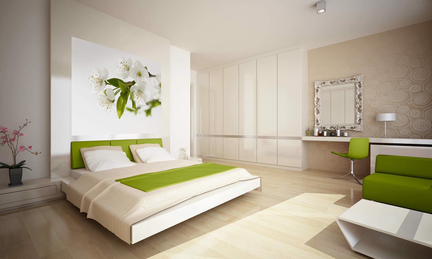 ภาพถ่ายการออกแบบห้องนอนสีเขียว