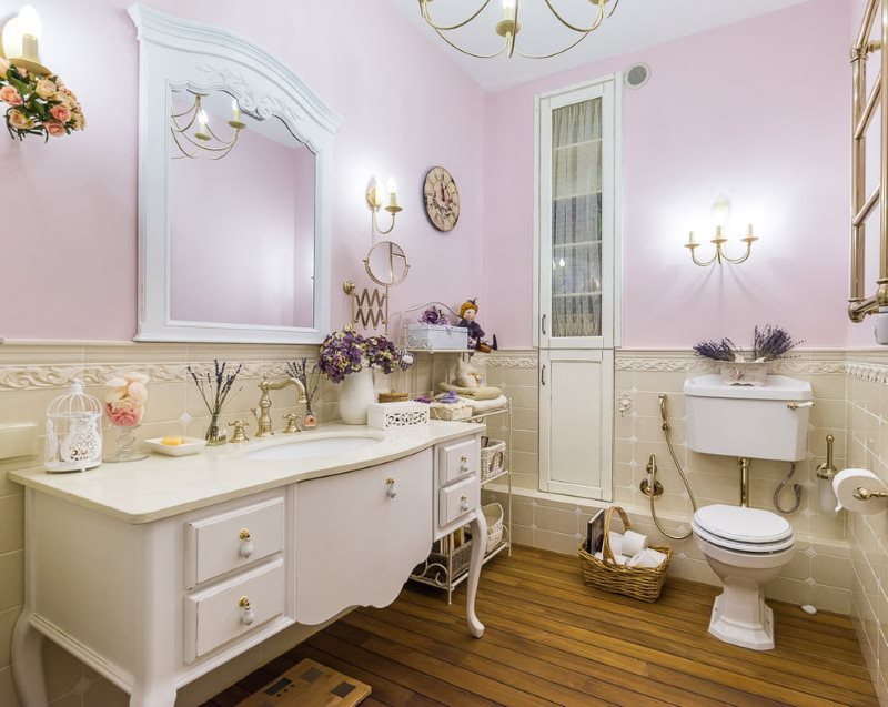 Interior of a spacious bathroom in Provence style