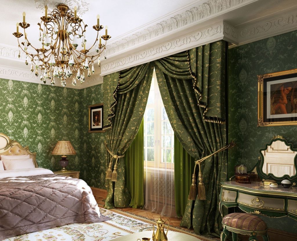 Barok yatak odasında gizli bir çıkıntının üzerinde yeşil perdeler