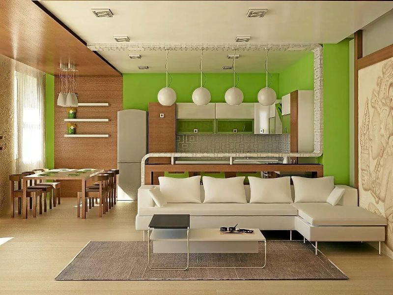Mutfak-oturma odasının renk ve doku ile imar edilmesi