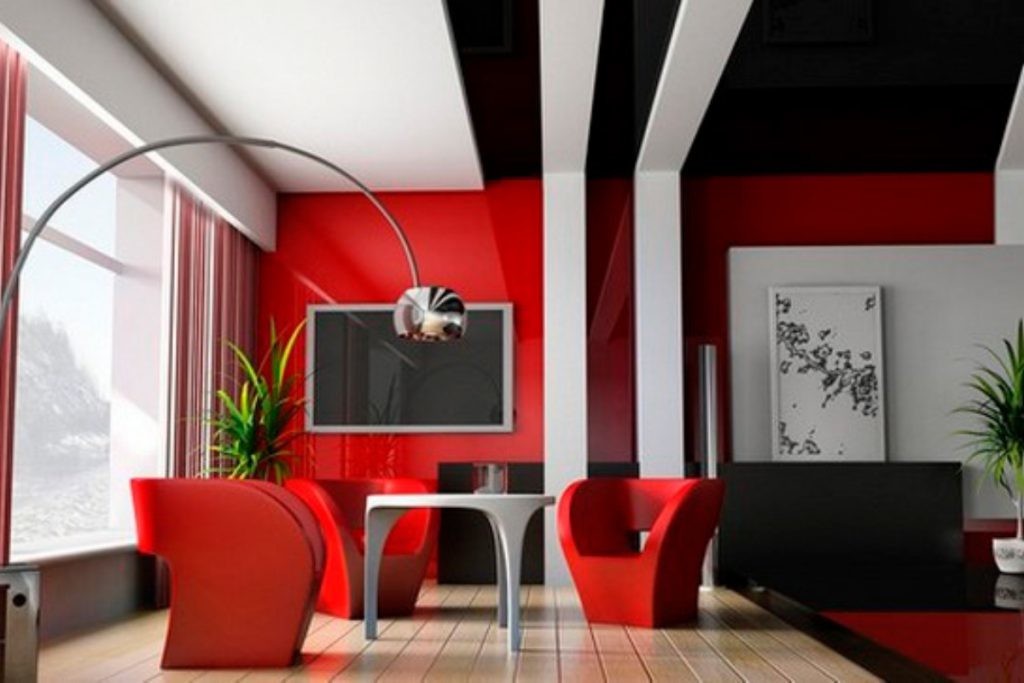 Kırmızı-siyah iç avant-garde tarzında oturma odası