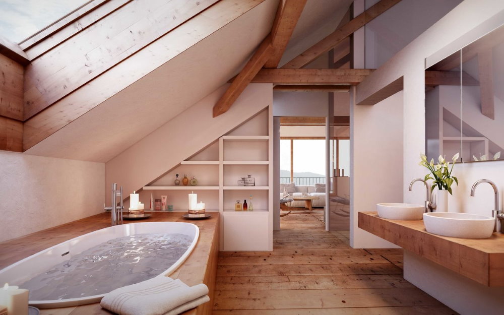 Bir kır evi tavan arasında parlak banyo