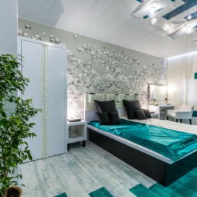 غرفة نوم تصميم 14 متر مربع بألوان باردة