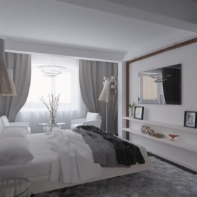 غرفة نوم تصميم 14 متر مربع باللونين الأبيض والرمادي