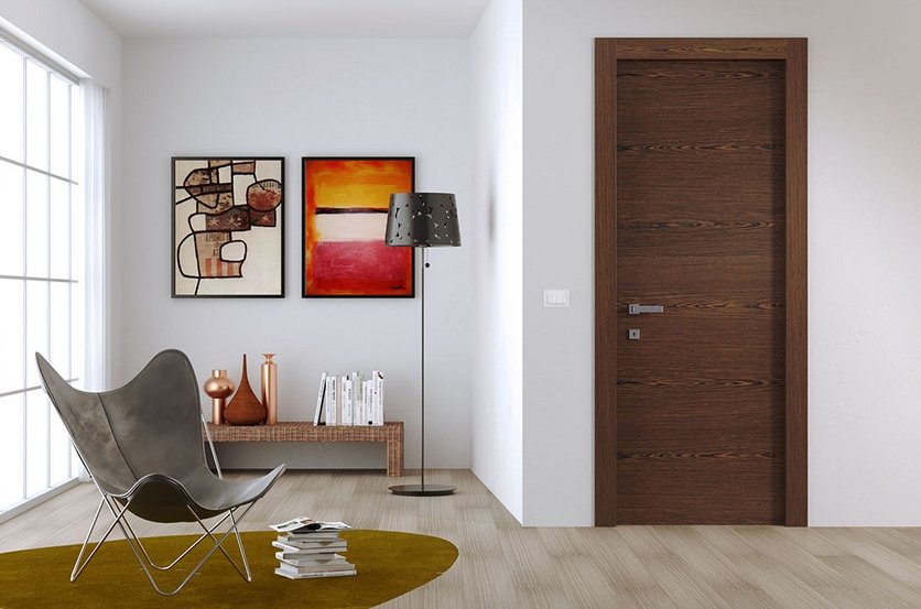 Porte plaquée dans un salon de style minimaliste