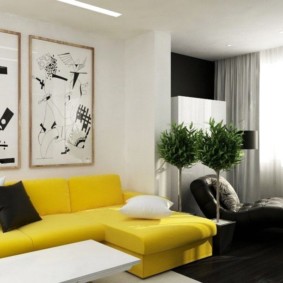 Sofa màu vàng trong phòng khách theo phong cách hiện đại.