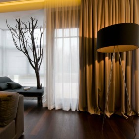 Brown curtains in the interior of the living room