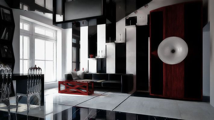 Siyah ve beyaz avant-garde tarzı oturma odası