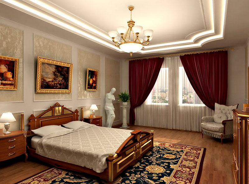 Picture in golden frames in a classic style bedroom