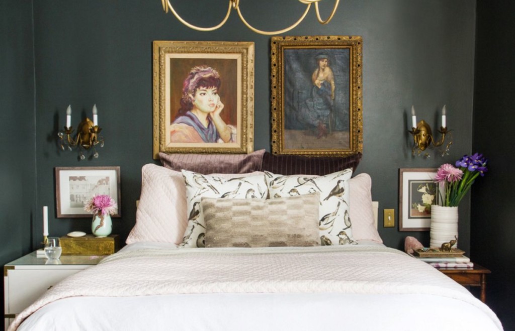 Wall decor over the bed with paintings with portraits