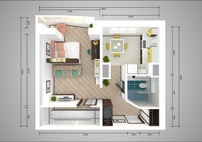 תוכנית פיתוח מחדש של דירה 44 ט 'עם חדר אחד
