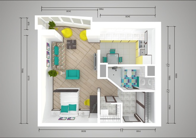Bir panel evde tek odalı bir dairenin yeniden geliştirilmesi planı