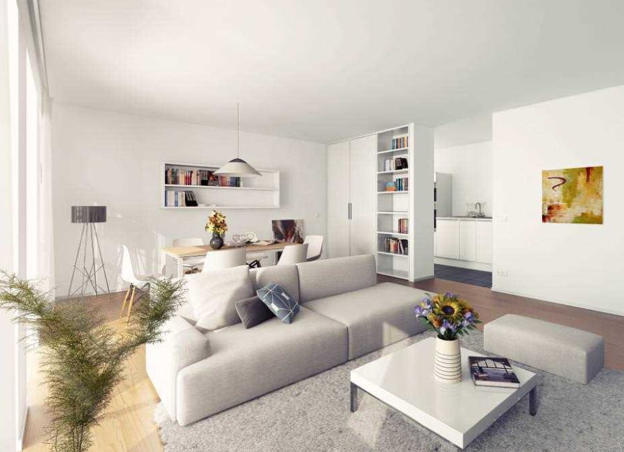 Dzīvojamā istaba modernā stilā paneļu mājas dzīvoklī
