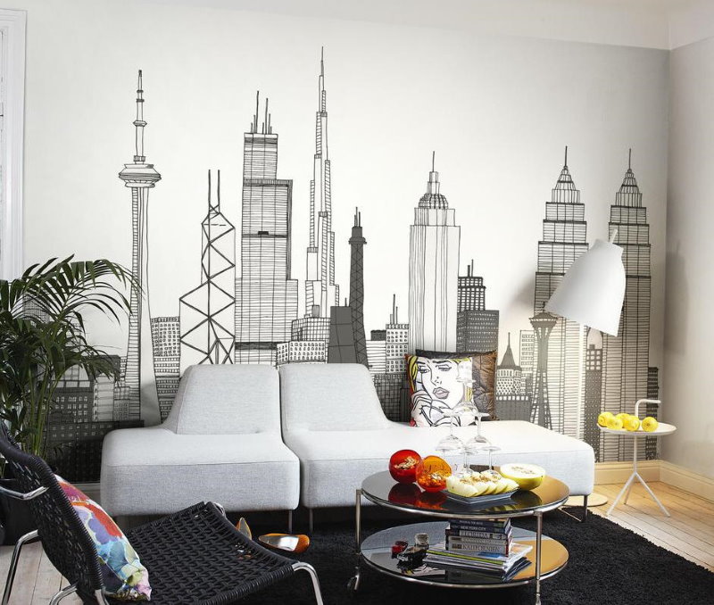 Drawn skyscrapers on the white wall of the living room