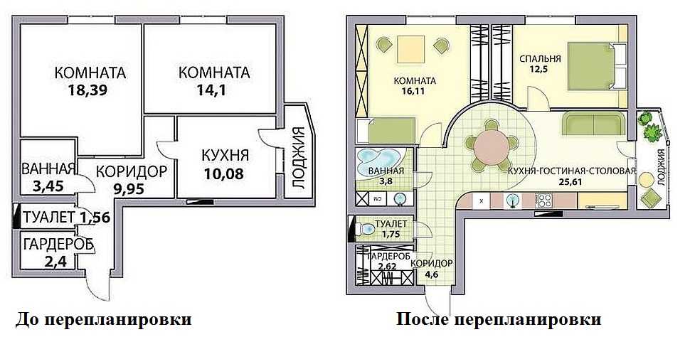 Plan de reamenajare a unui apartament cu două camere în trei ruble cu o bucătărie-living