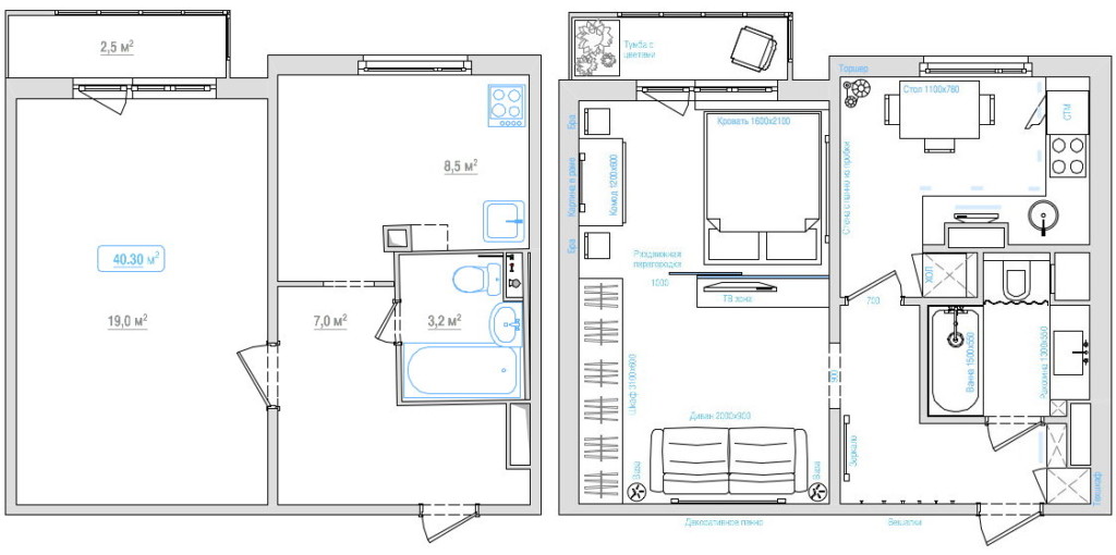 Plan of a one-room apartment before and after redevelopment