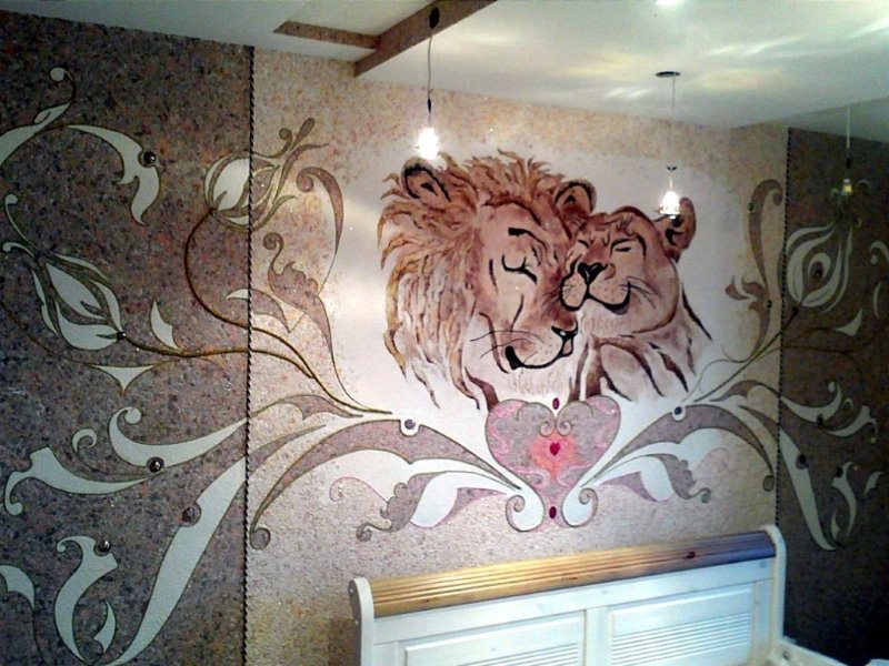The relief drawing of liquid wallpaper on the bedroom wall