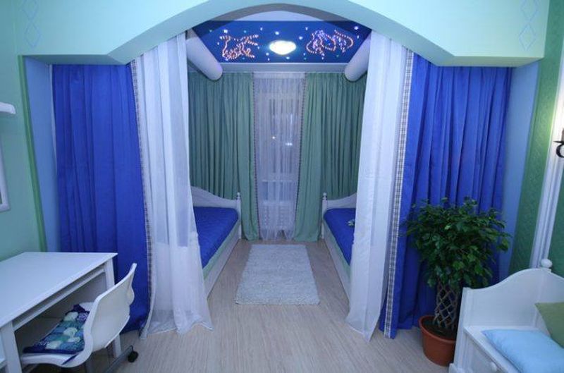 Zoning of a children's room with blue curtains