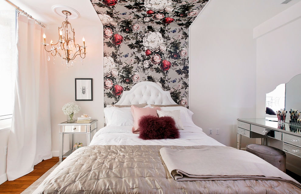 Beautiful wallpaper on the wall and ceiling of the bedroom