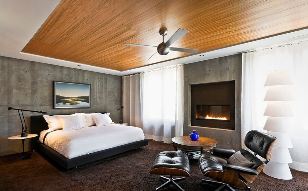 Wooden ceiling in a spacious bedroom