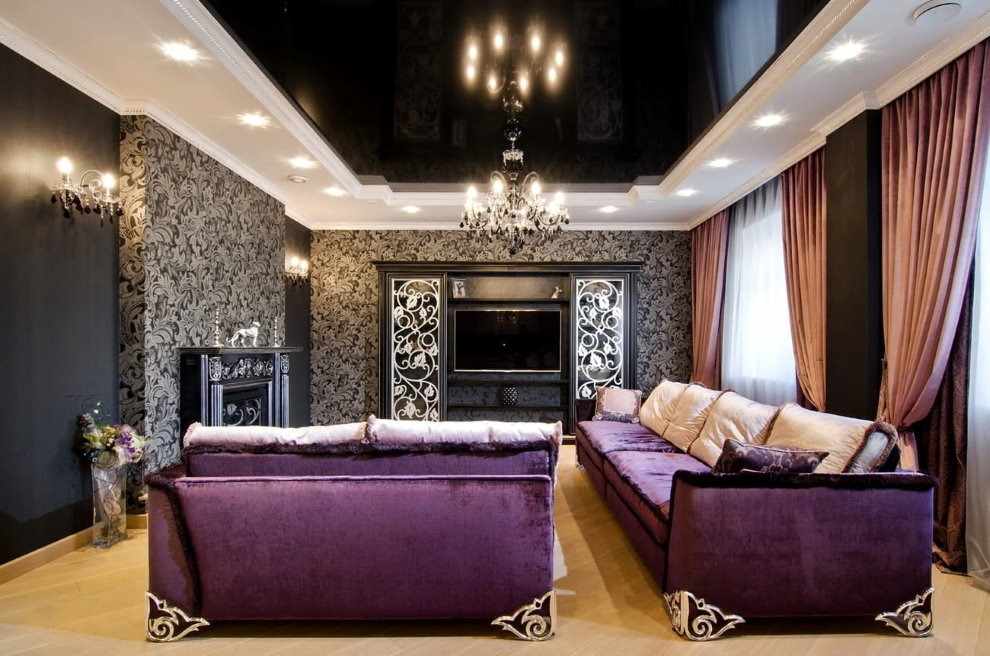 Sofa màu tím trong phòng khách trang trí nghệ thuật