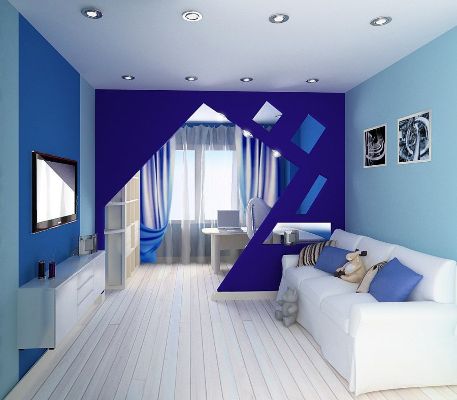 thiết kế phòng khách với tông màu xanh và xanh 17 mét vuông